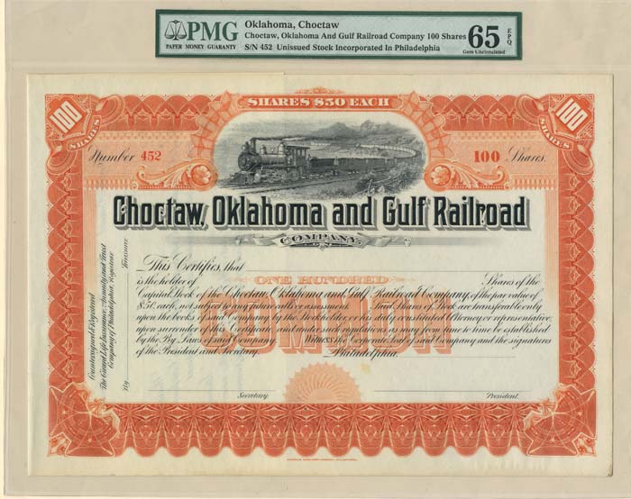 Choctaw, Oklahoma and Gulf Railroad Co. - PMG Graded Stock Certificate - circa 1890's Unissued Railway Stock Certificate